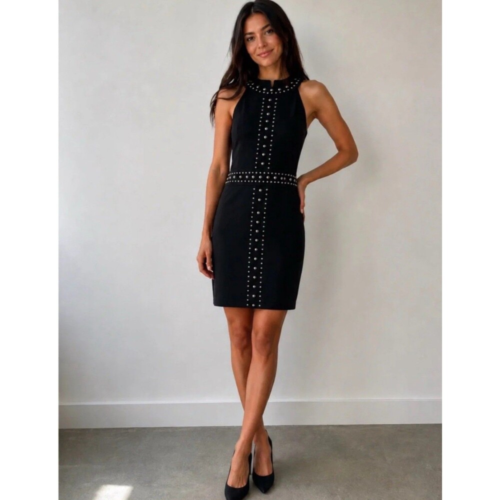 Cache Black Studded Sheath Dress Womens M Medium Halter Cocktail Party Stretch